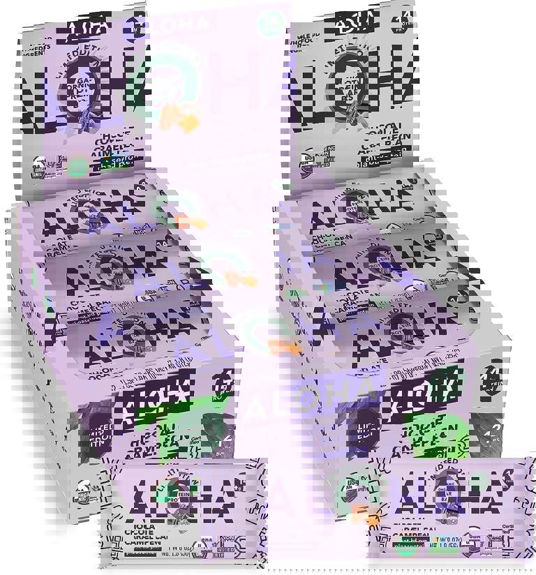 ALOHA Organic Plant Based Protein Bars | Chocolate Caramel Pecan | 12 Count, 1.98oz Bars | Vegan, Low Sugar, Gluten Free, Paleo, Low Carb, Non-GMO, Stevia Free, Soy Free, No Sugar Alcohol Sweeteners