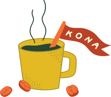 A yellow coffee cup with a 'Kona' flag and coffee beans.