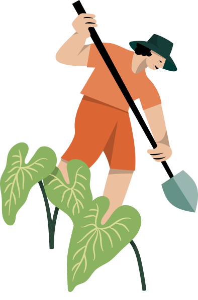 Illustration of a person in orange attire fishing with a net.